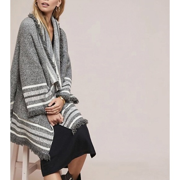 Zara Knit Cardigan Sweater Womens S Gray White Striped Open Front Fringe Pockets - Picture 1 of 8